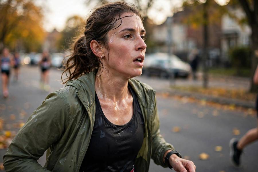 Marathon runner focused breathing in final miles of race