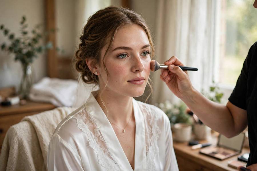 Bride getting makeup done on wedding morning