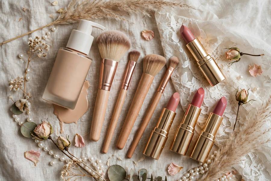Bridal makeup products laid out