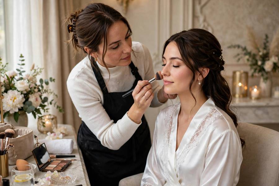 Makeup artist applying bride's makeup