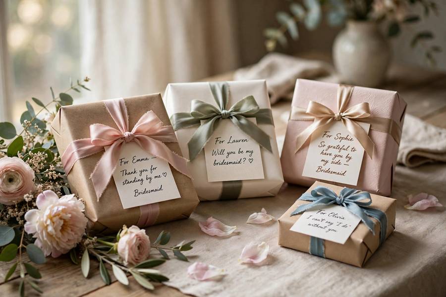 Wrapped presents and handwritten cards — thoughtful bridesmaid gift ideas start with presentation