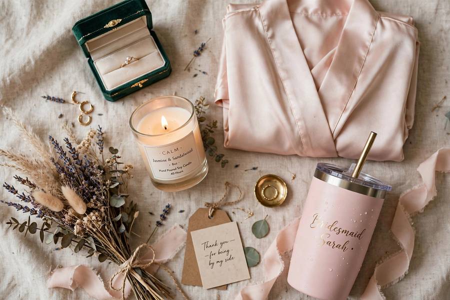 Flat lay of curated presents — personalized bridesmaid gift ideas she will actually use