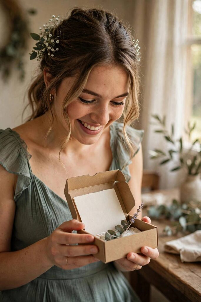 Bridesmaid opening a small gift box with a handwritten letter