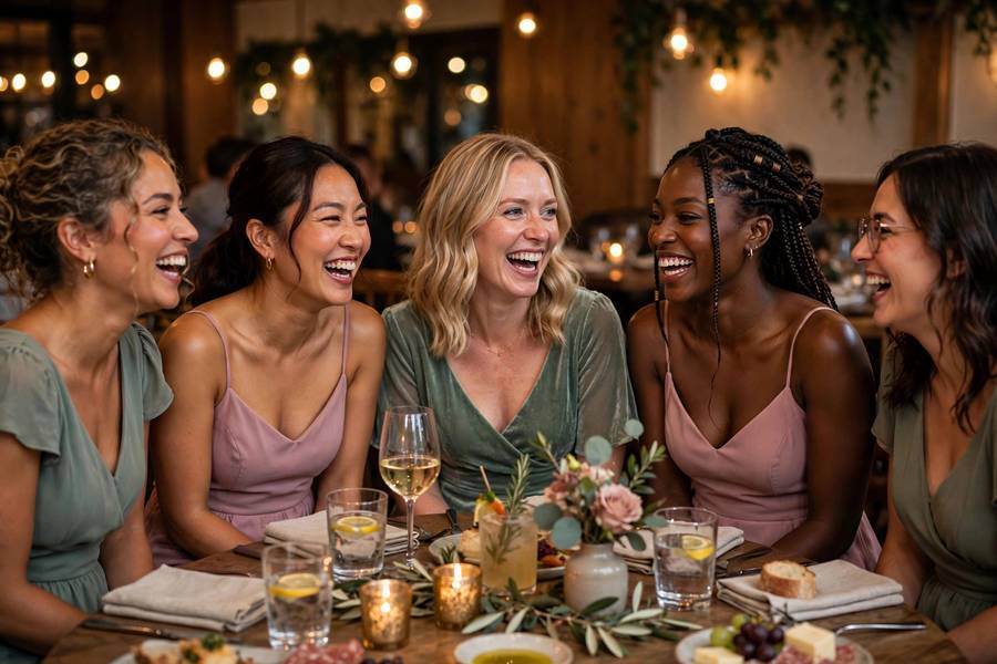 Bridesmaids laughing together at a rehearsal dinner