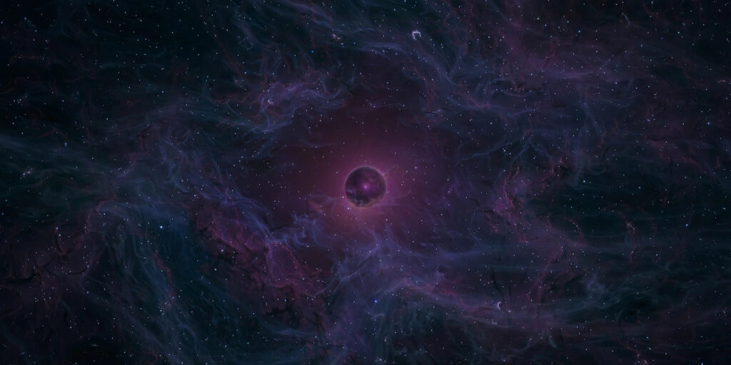 Artist's rendering of a dim magenta-purple brown dwarf glowing faintly at the center of a deep starfield with wispy clouds, photorealistic, no people