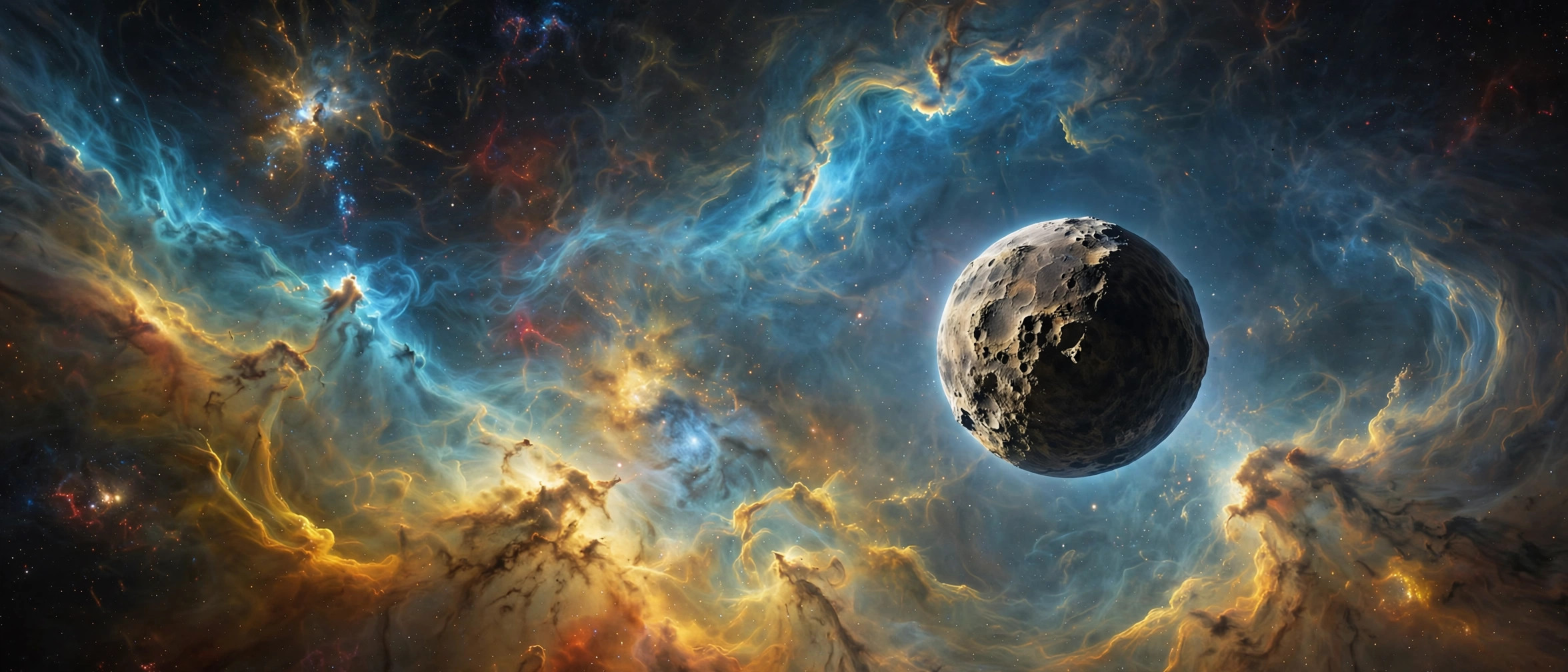 A lone free-floating planet drifting through a young star-forming nebula, wisps of glowing blue and gold gas clouds, deep space, photorealistic, no people