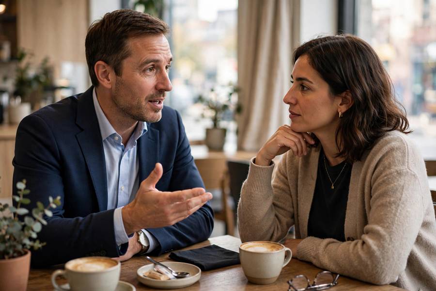 Business broker explaining fee structure to client