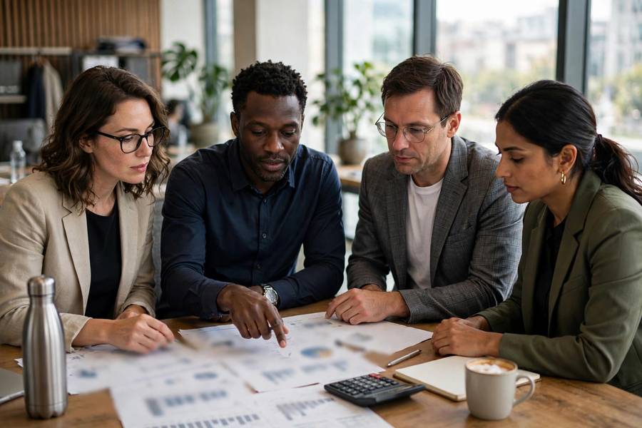 Business professionals in a meeting reviewing numbers