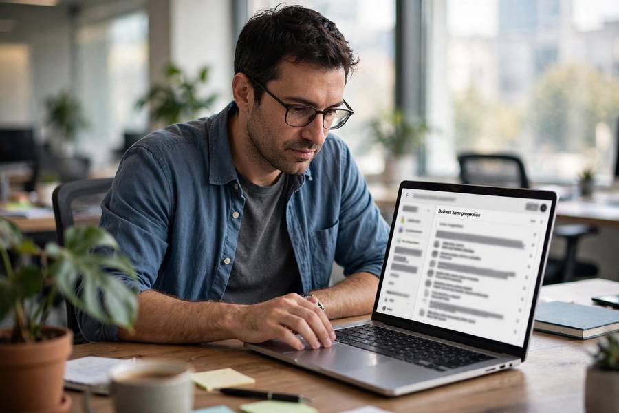 Using a business name ideas generator tool on a laptop