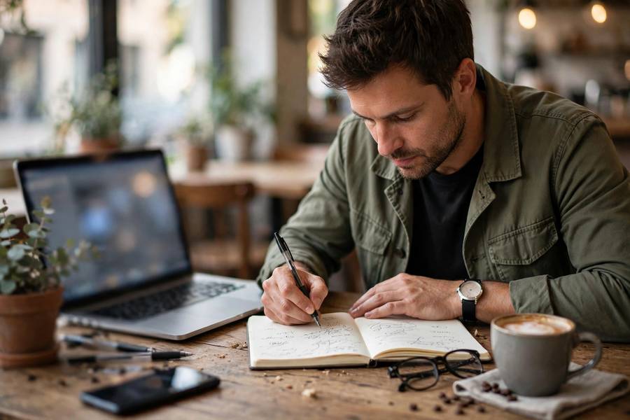 An entrepreneur shortlisting business name ideas in a notebook