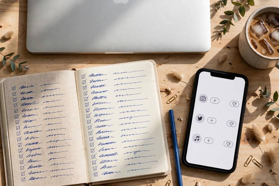 Flat lay of naming tools: laptop, name lists, and social handle checks