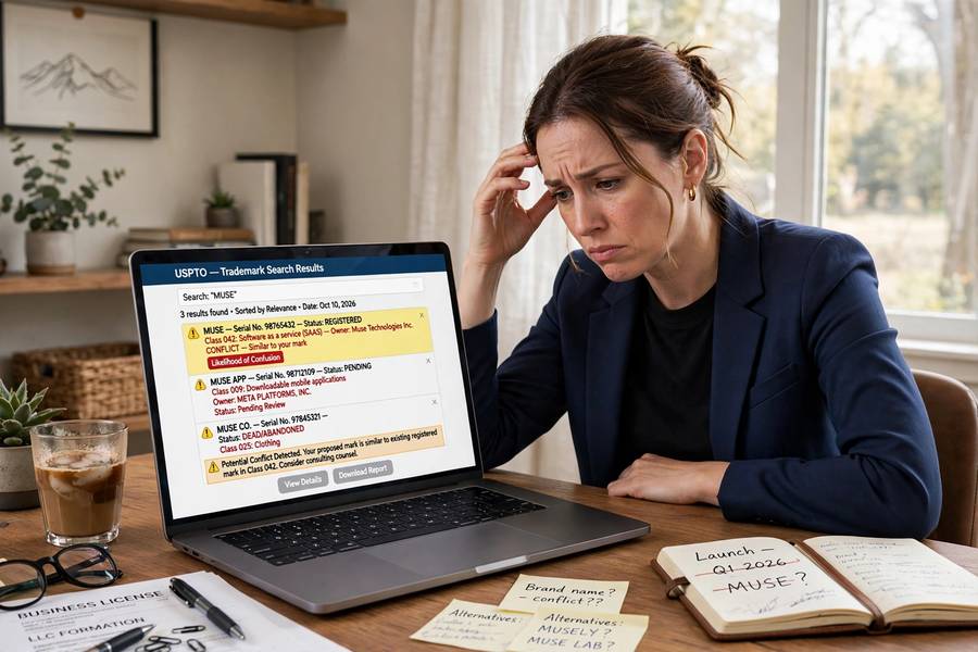 Business owner discovering business naming mistakes to avoid during trademark search