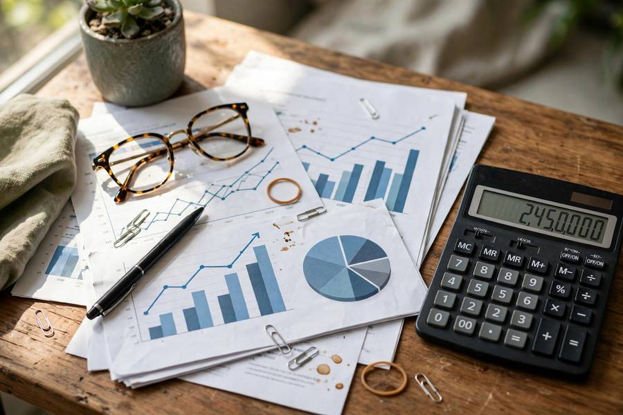 Calculator and financial reports showing business worth