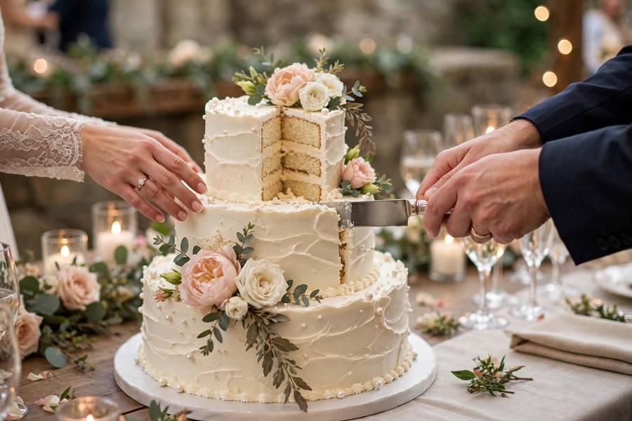 Hybrid wedding cake being cut