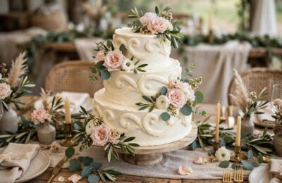 A buttercream wedding cake with textured swirls — buttercream vs fondant texture compared