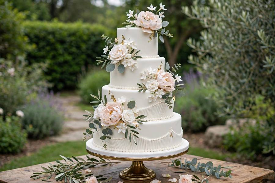 Fondant wedding cake outdoors