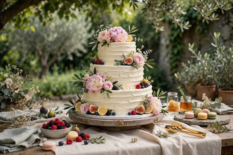 Summer wedding cake display in shade