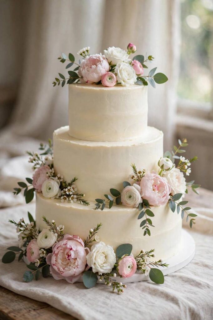 Wedding cake with smooth buttercream frosting and flowers
