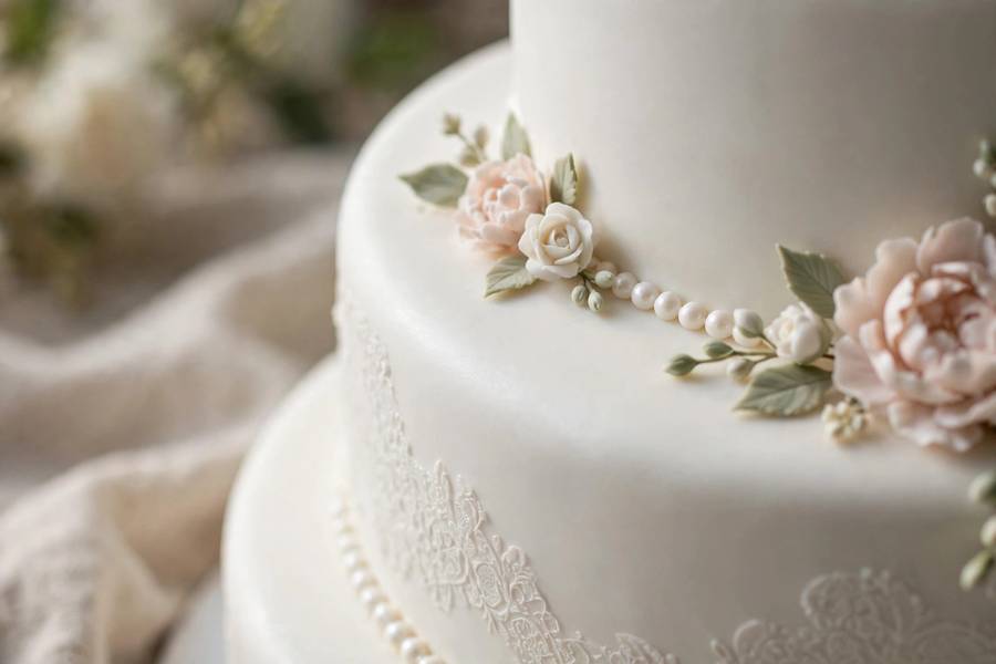 Close-up of fondant covered wedding cake detail