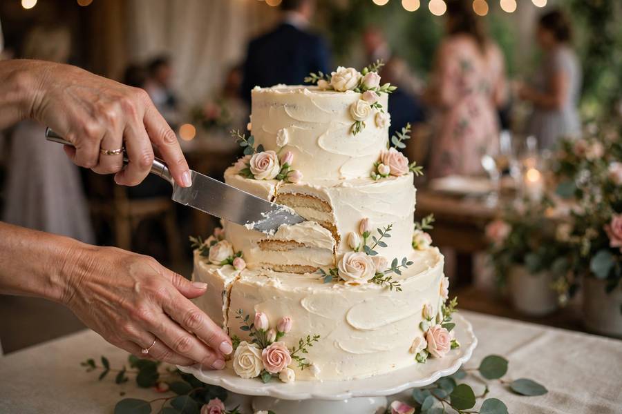 Guest slicing into a buttercream wedding cake