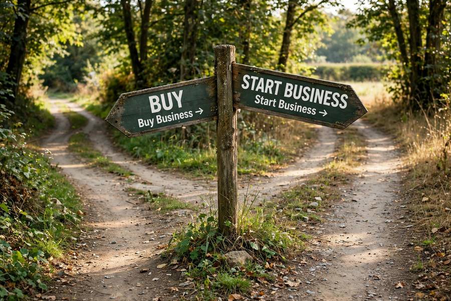 Fork in the road sign showing buy vs start business paths