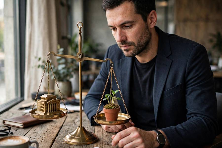 Entrepreneur weighing business acquisition against startup on scales