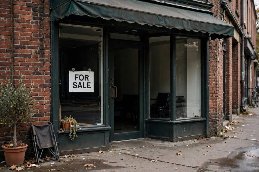 Established business storefront with for sale sign