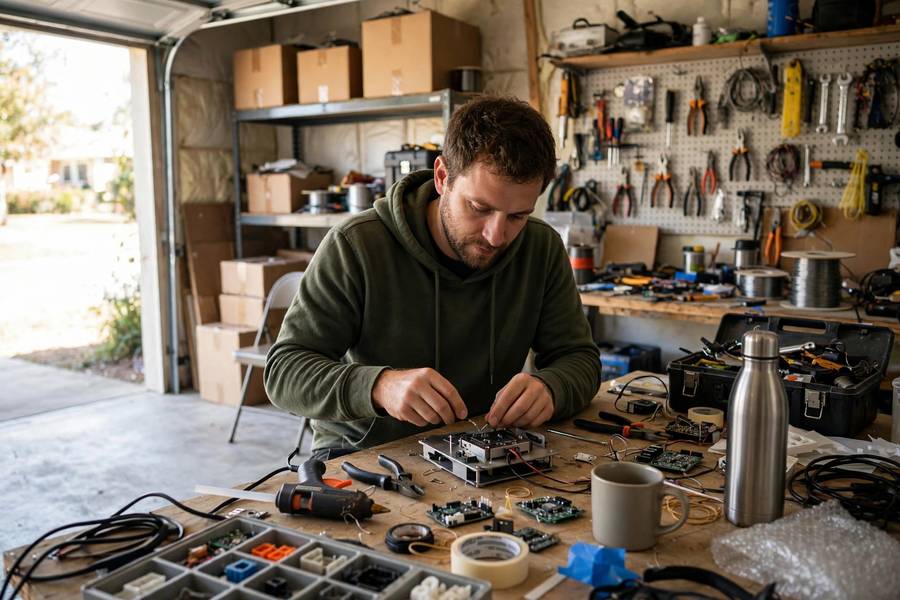 Founder building a startup from scratch in a garage office