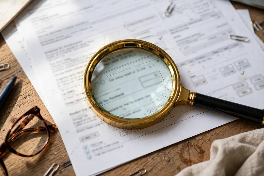 Magnifying glass over financial statements and tax documents