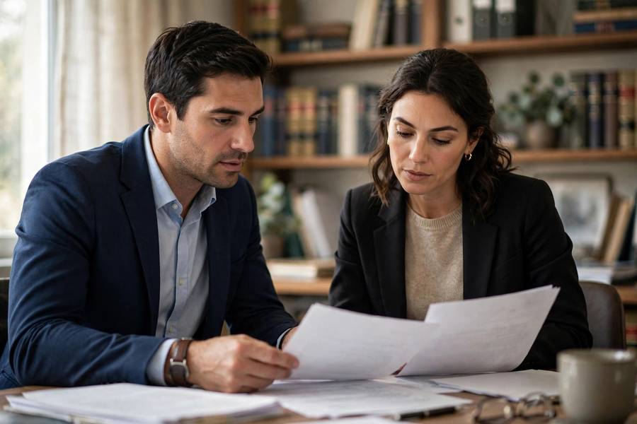 Two professionals reviewing contracts in a law office