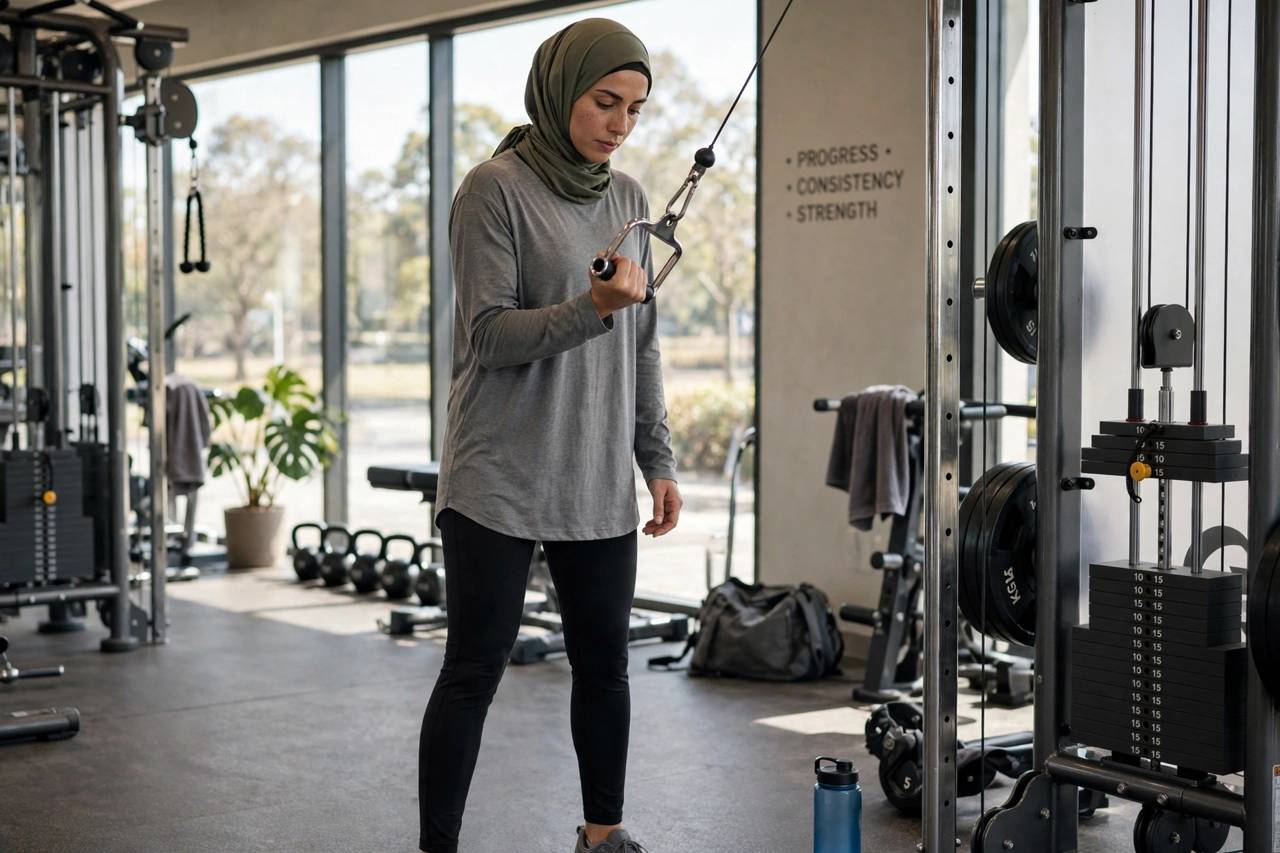 Woman doing cable bicep curls at a cable station
