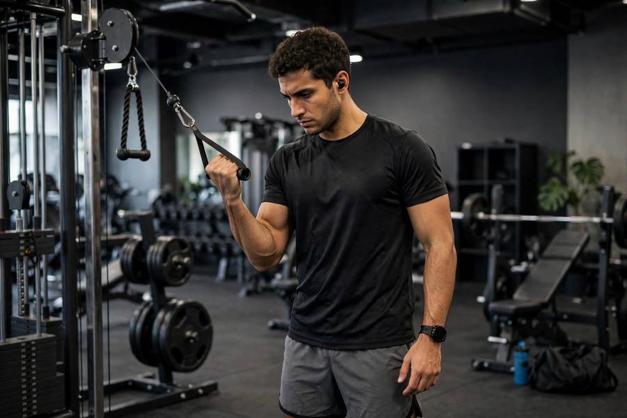 Person doing single-arm cable curls at the gym