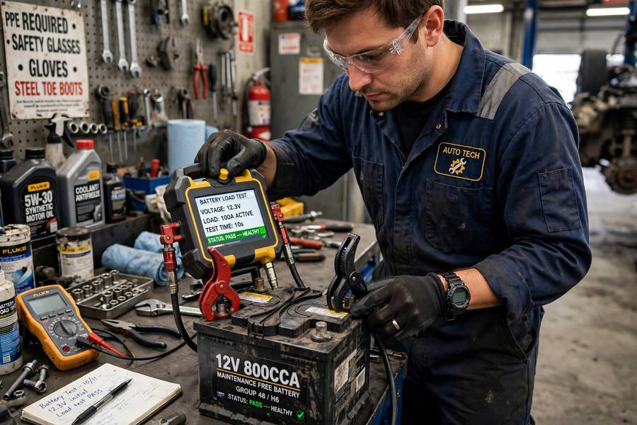 Mechanic load testing to determine if a dead car battery can be recharged