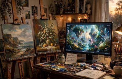 Traditional paintings beside AI-generated art, asking can AI make art
