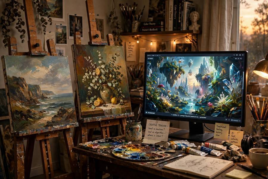 Traditional paintings beside AI-generated art, asking can AI make art