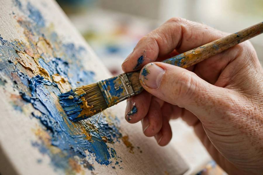 Human hand painting with oils, the craft behind the can AI make art debate