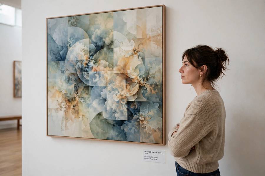 Gallery visitor viewing AI-generated artwork, exploring can AI make art