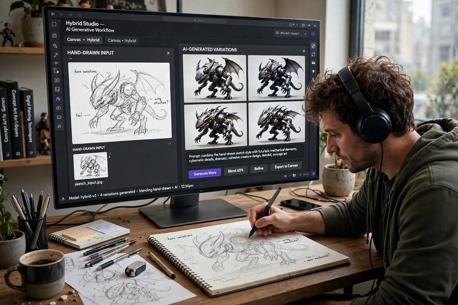 Artist blending hand drawing with AI tools, a hybrid answer to can AI make art