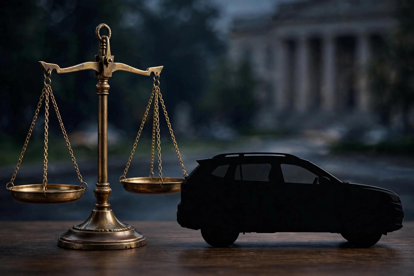 Illustration of scales of justice beside a car silhouette representing vehicle search law concepts