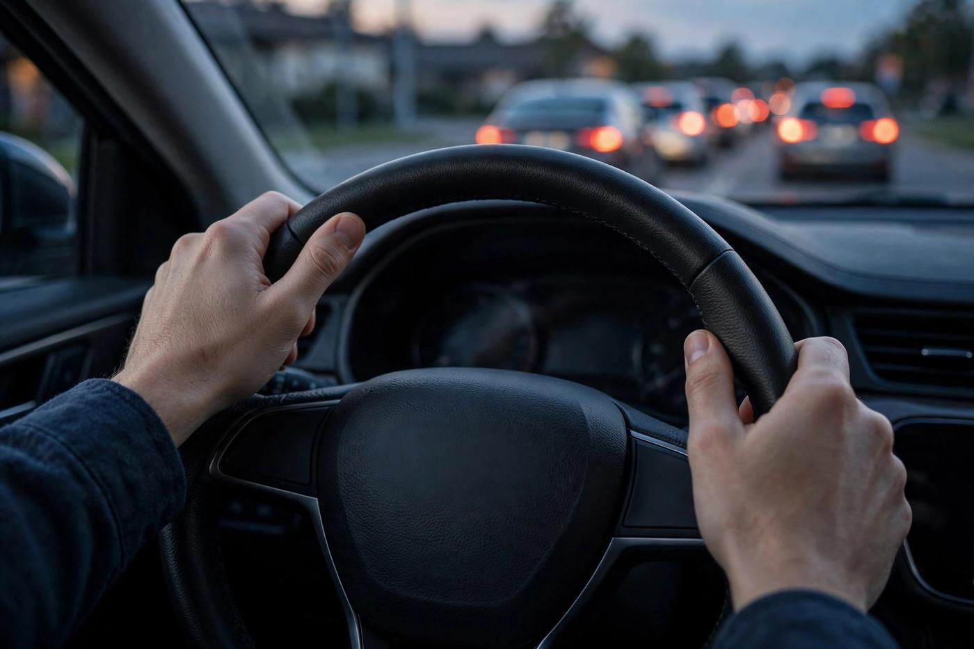 Driver's hands on the steering wheel at ten and two during a calm traffic stop at dusk