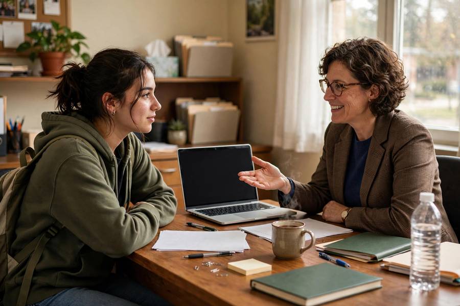 High school student discussing college applications with a counselor