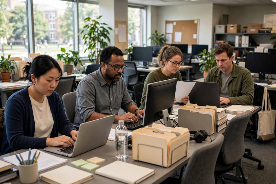 College admissions office reviewing application files