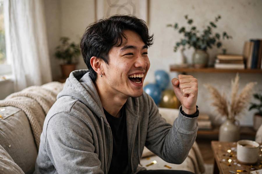 Happy student opening a college acceptance letter at home