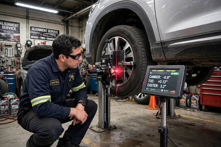 Mechanic measuring alignment angles to diagnose bad wheel alignment