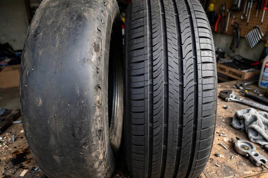 Bald worn tire versus new tire showing damage from bad wheel alignment