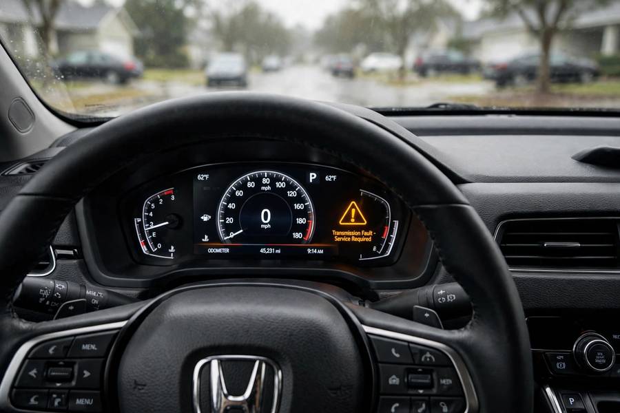 Dashboard with transmission warning light illuminated from driver's view