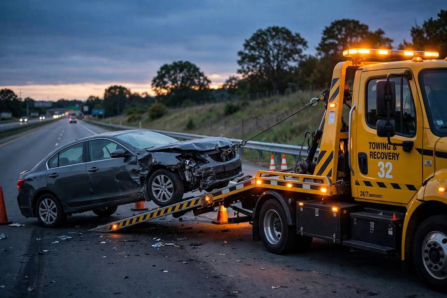 Tow truck loading a broken-down sedan on a highway shoulder