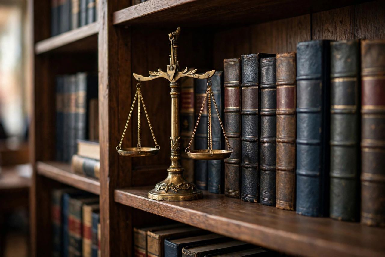 A brass scales-of-justice statue on a wooden bookshelf beside law books — courts weigh emotional distress claims against a high legal standard