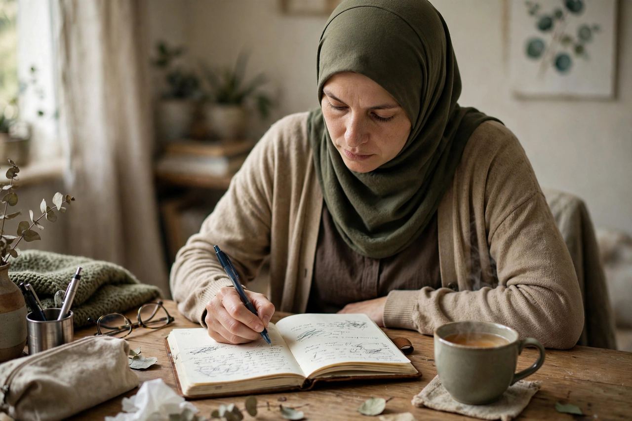 A person writing in a journal at a home desk beside a cup of tea — contemporaneous notes strengthen an emotional distress claim