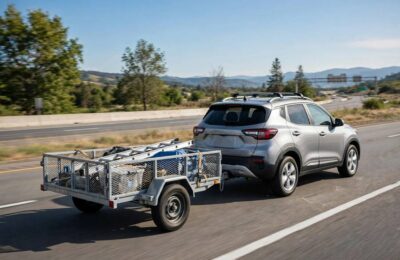 Small SUV towing a lightweight utility trailer on a highway